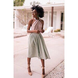 💕GAL MEETS GLAM💕 Alma Two-Color Gingham Halter Neck Dress ~ Green Tan 2 NWT